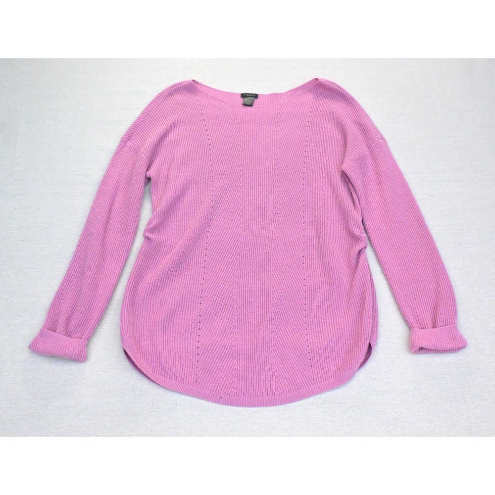 Ann Taylor Factory Womens L Rib Knit Boat Neck Sweater Pink Eyelet Shirttail Hem